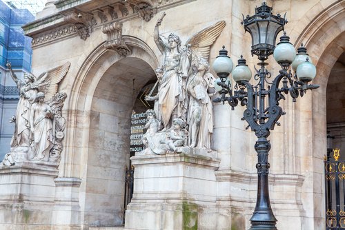 Sculptures on the facade of the Opera Garnier in Paris