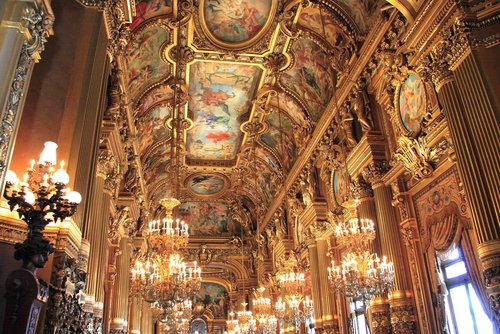 golden hall and ceiling of Opera Garnier in Paris