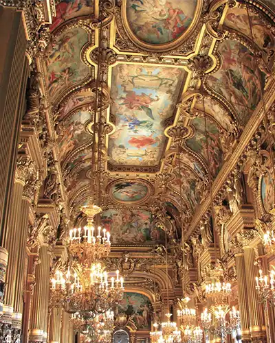 golden hall and ceiling of Opera Garnier in Paris