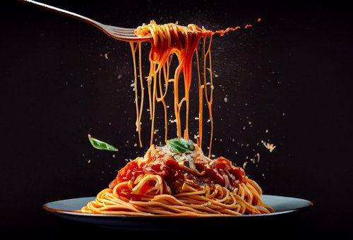 High angle delicious arrangement of noodles on a table.